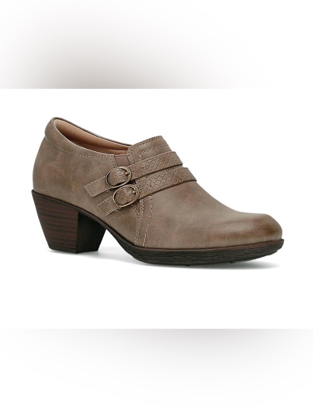 KIM ROGERS Olena Women's Taupe Low Heel Slip-On Bootie with Buckle Straps. NWOT